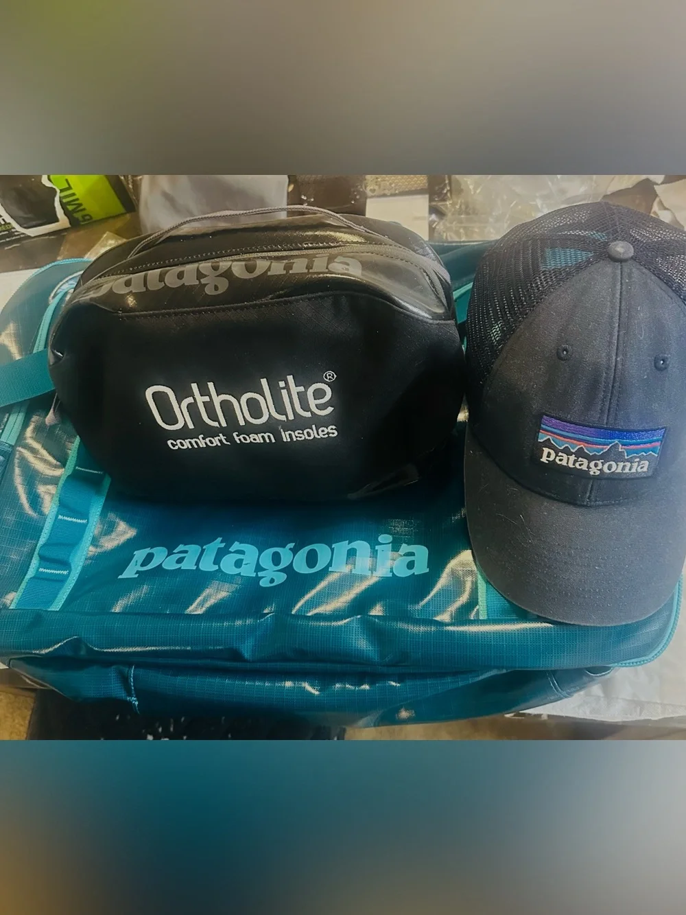 NWOT Patagonia Rare Elwha Blue 45L MLC, Discontinued Black 6L Cube & NetPlus Hat